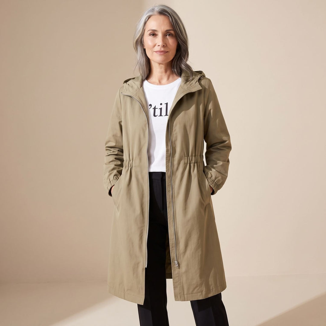 Damen Langer Wasserabweisender Trenchcoat mit Kapuze - Khaki