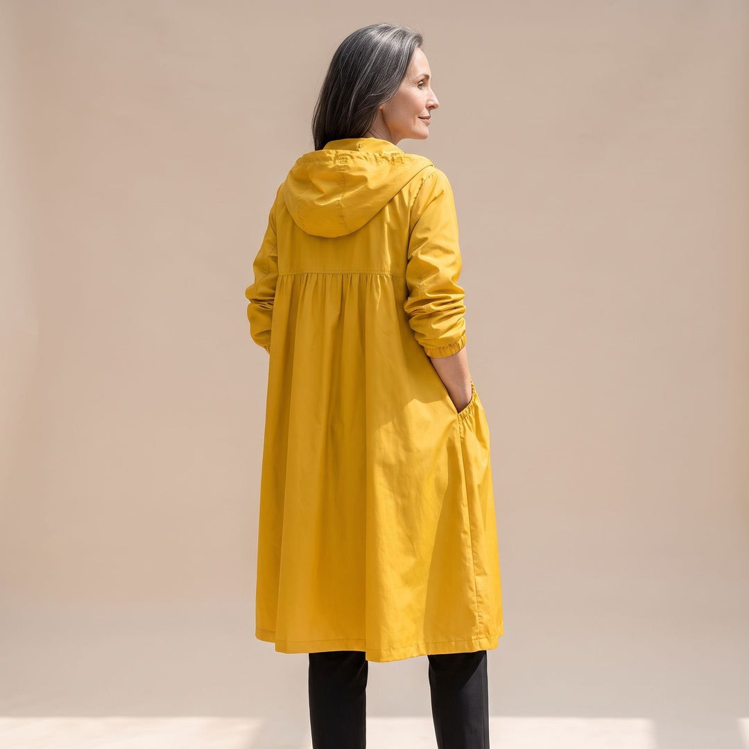 Damen Langer Wasserabweisender Trenchcoat mit Kapuze - Gelb