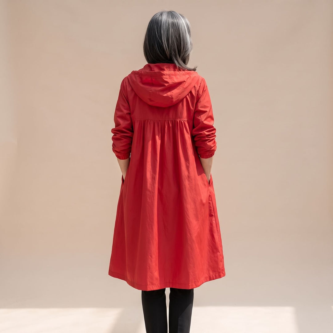 Damen Langer Wasserabweisender Trenchcoat mit Kapuze - Rot