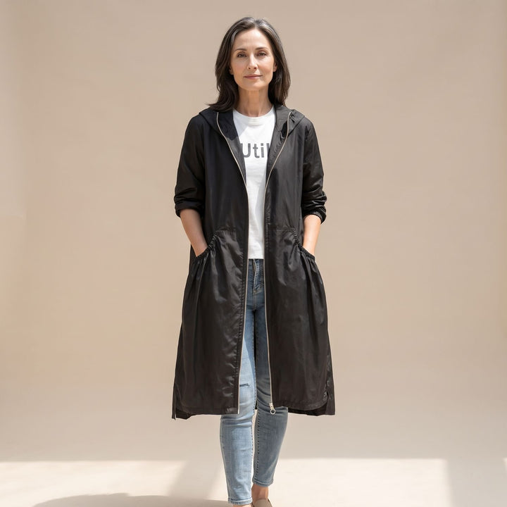 Damen Langer Wasserabweisender Trenchcoat mit Kapuze - Schwarz