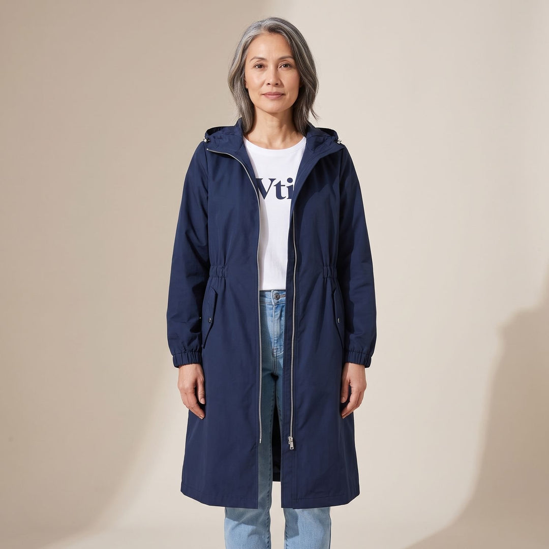 Damen Langer Wasserabweisender Trenchcoat mit Kapuze - Dunkles Denimblau