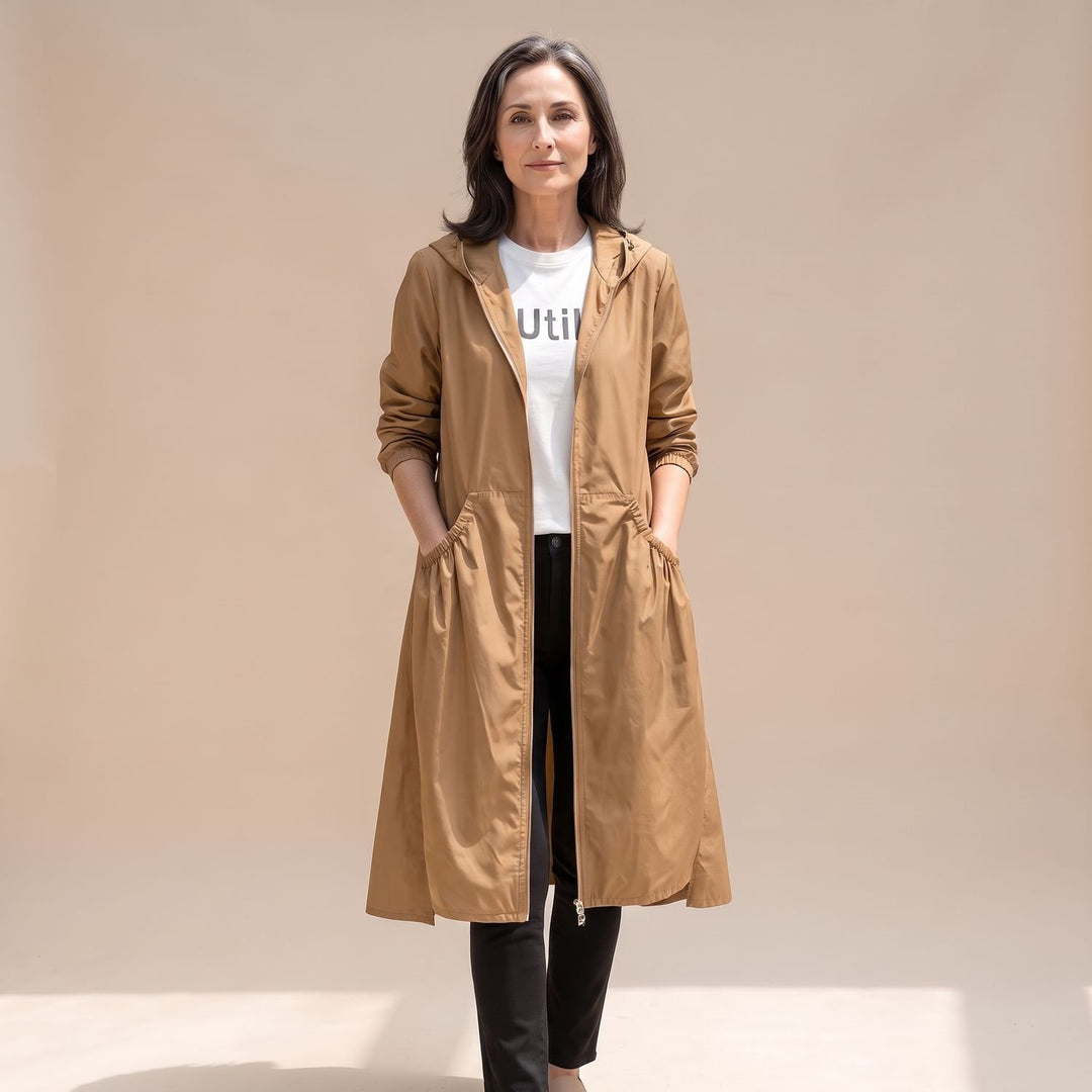 Damen Langer Wasserabweisender Trenchcoat mit Kapuze - Braun