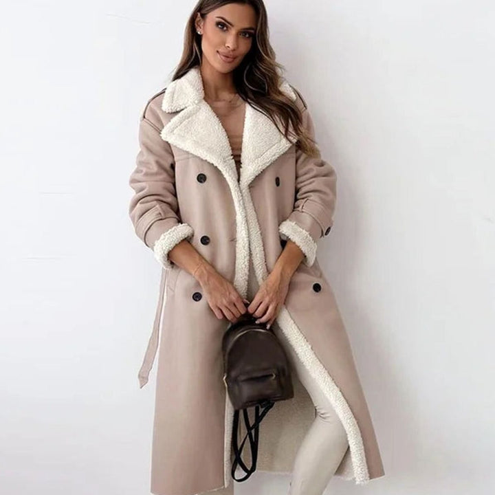 Damen Langer Wintermantel aus Lammfell Kunstleder Zweireihig - Beige