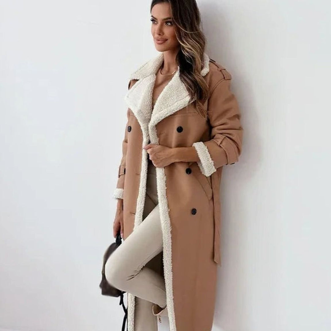 Damen Langer Wintermantel aus Lammfell Kunstleder Zweireihig - Khaki
