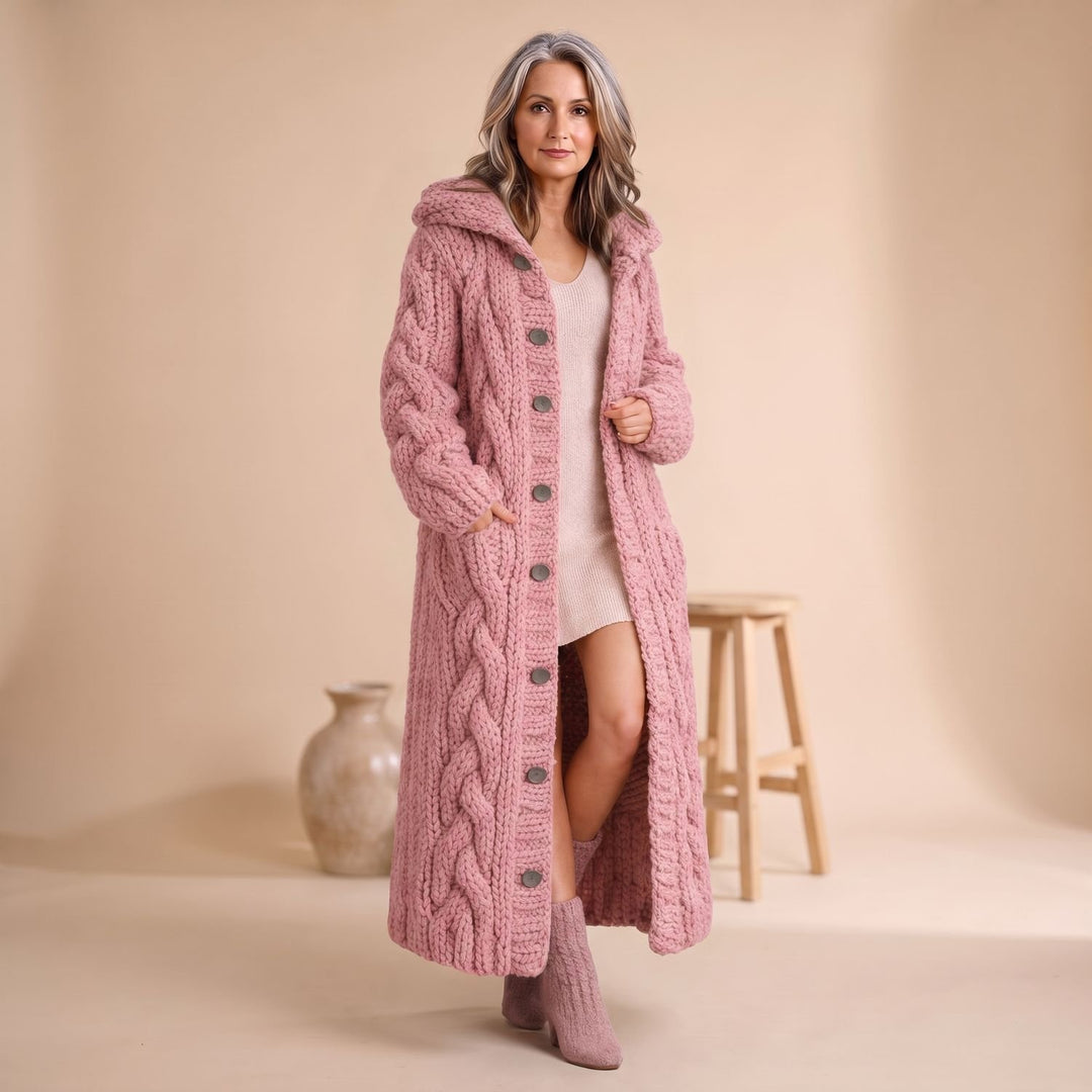 Damen Langer Wollmantel mit Kapuze Zopfmuster Knopfleiste - Rosa