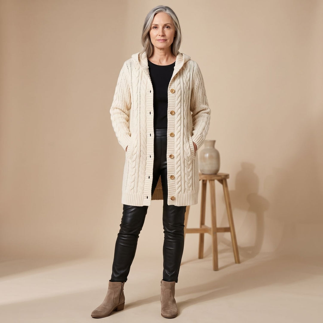 Damen Langer Wollmantel mit Kapuze Zopfmuster Knopfleiste - Beige