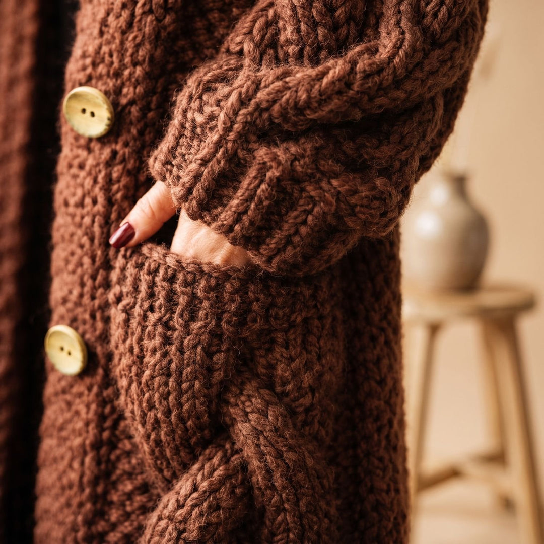 Damen Langer Wollmantel mit Kapuze Zopfmuster Knopfleiste