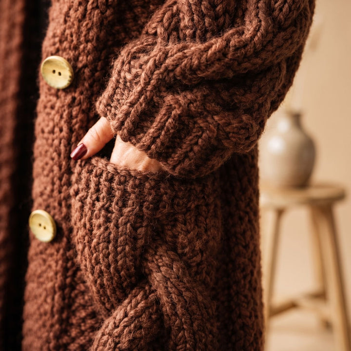 Damen Langer Wollmantel mit Kapuze Zopfmuster Knopfleiste