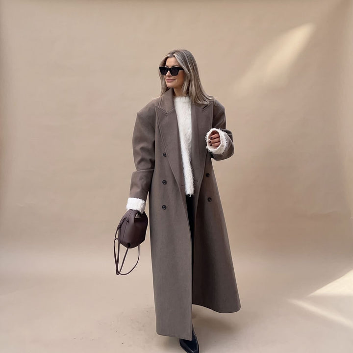 Damen Langer Wollmantel mit Knopfleiste und strukturiertem Silhouette - Braun