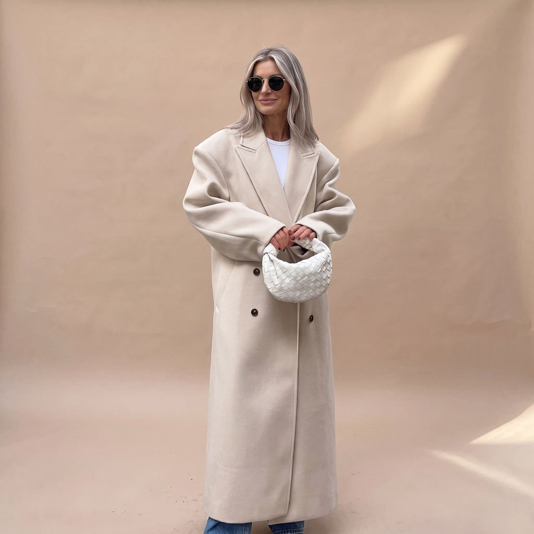 Damen Langer Wollmantel mit Knopfleiste und strukturiertem Silhouette - Weiß