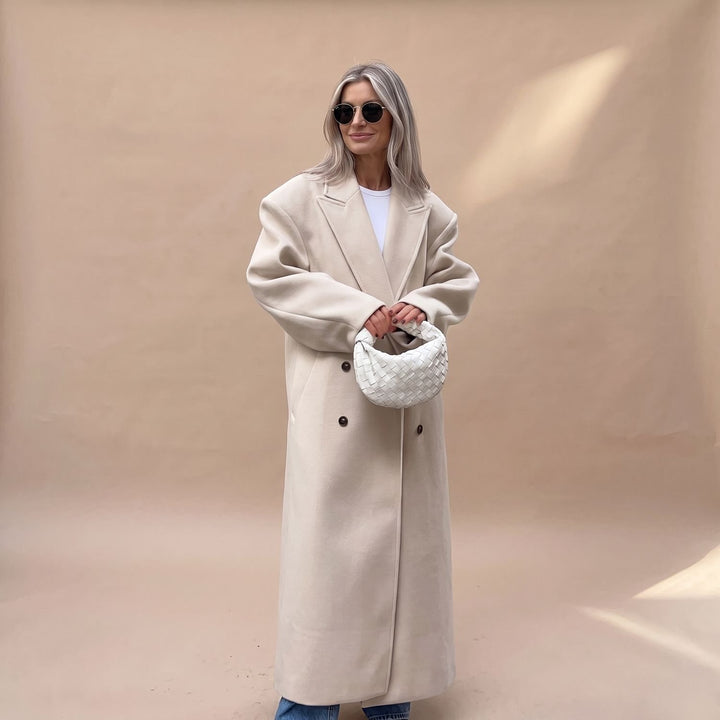 Damen Langer Wollmantel mit Knopfleiste und strukturiertem Silhouette - Weiß