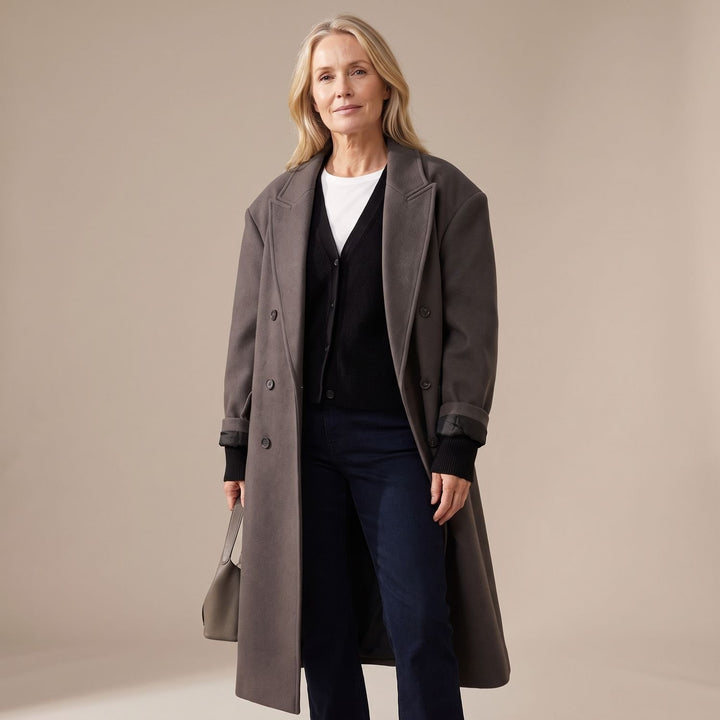 Damen Langer Wollmantel mit Knopfleiste und strukturiertem Silhouette - Grau