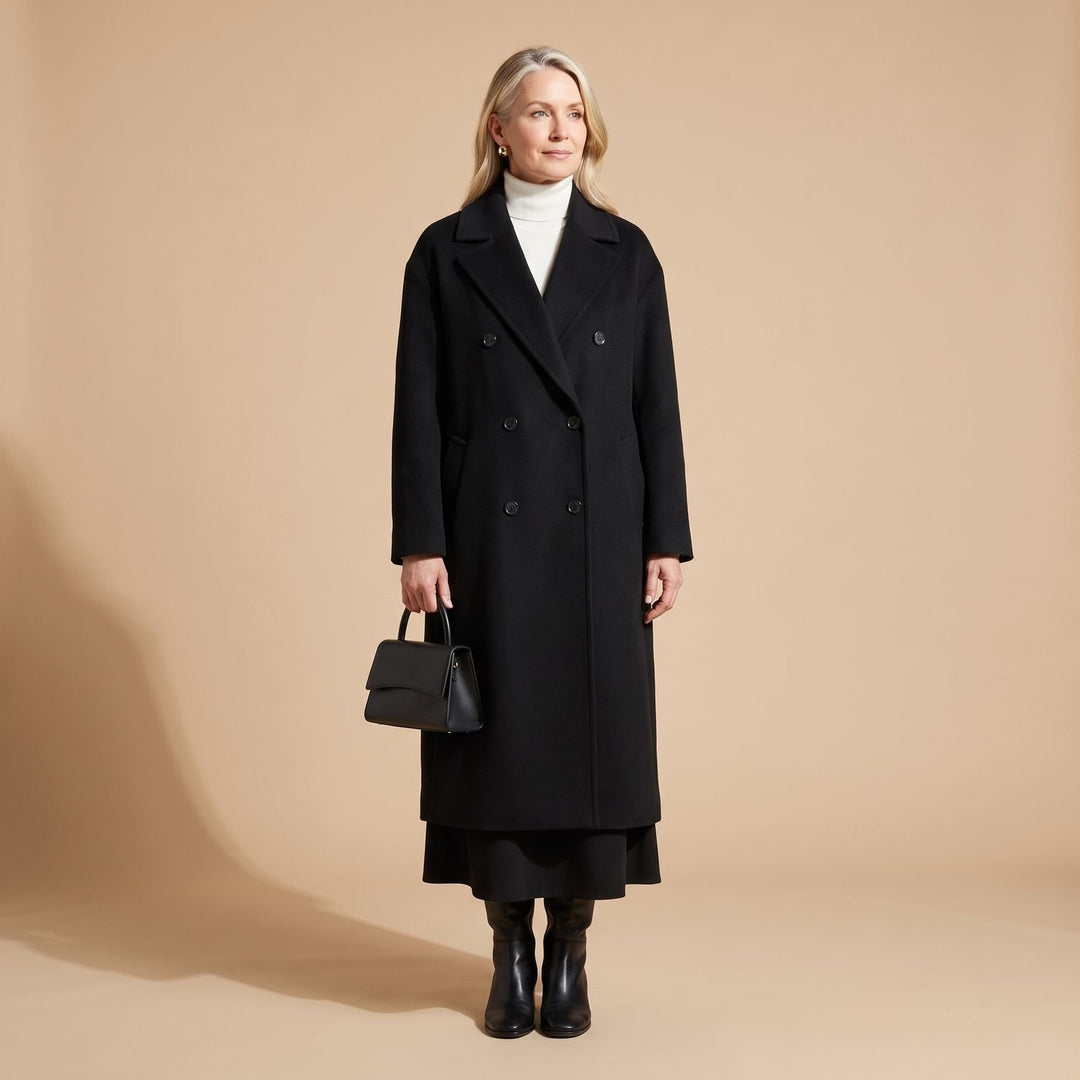 Damen Langer Wollmantel mit Knopfleiste und strukturiertem Silhouette - Schwarz