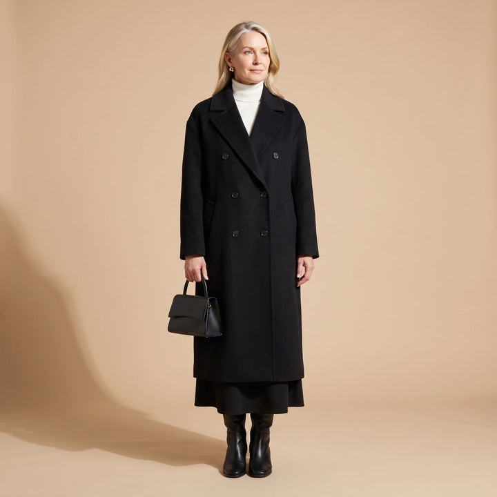 Damen Langer Wollmantel mit Knopfleiste und strukturiertem Silhouette - Schwarz