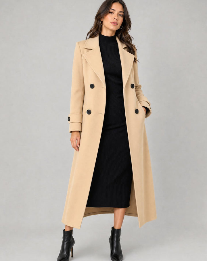 Damen Langer Wollmantel Zweireihiger Wintermantel mit Knöpfen - Khaki