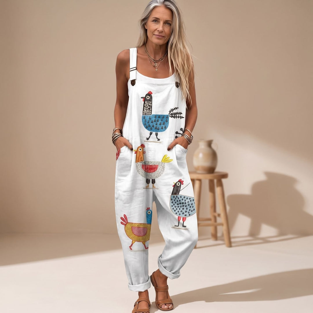 Damen Latzhose Lässiger Jumpsuit mit Hühner-Print und Seitentaschen