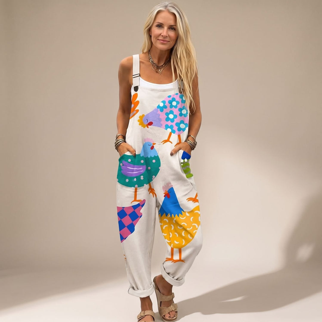 Damen Latzhose mit buntem Hühner-Print verstellbare Träger