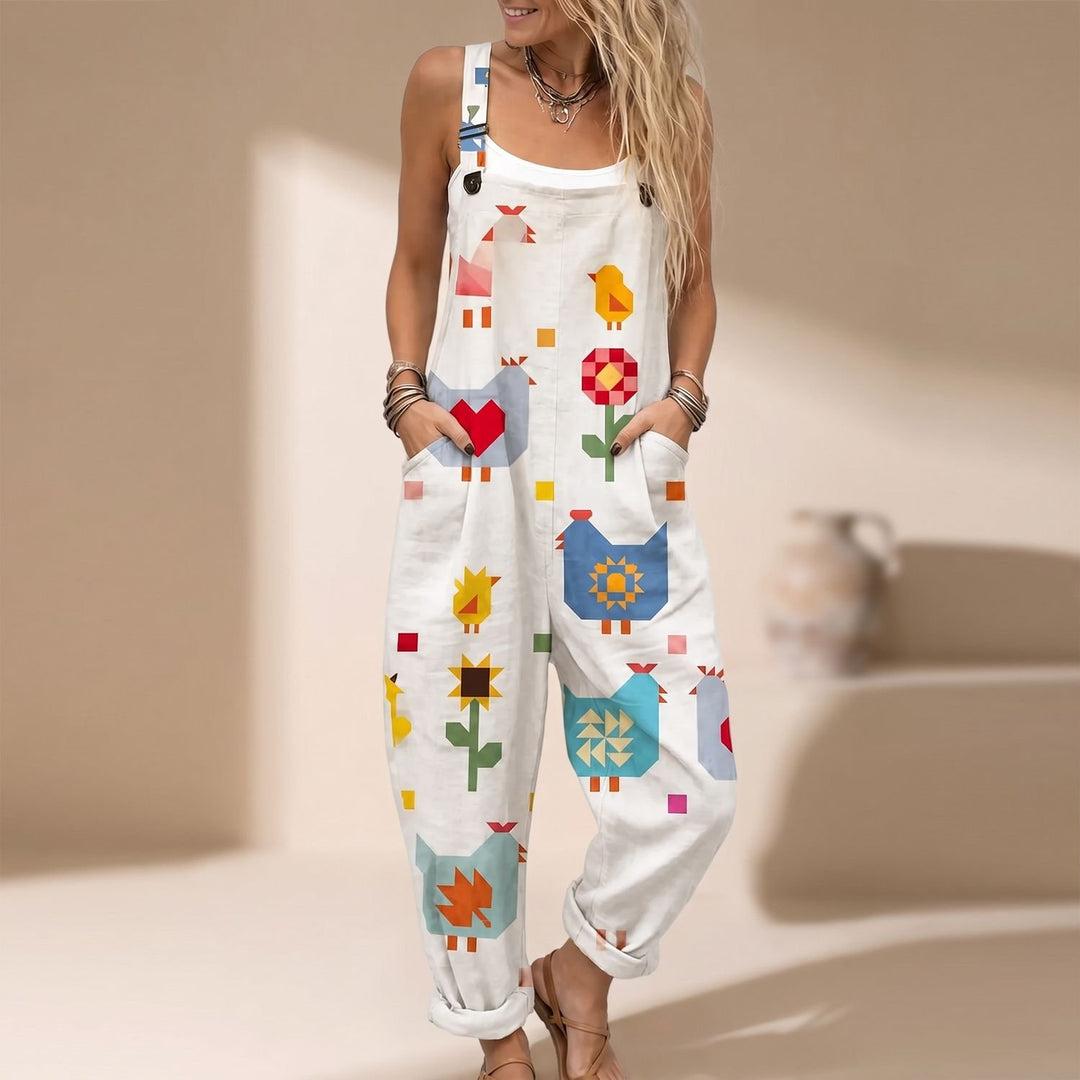 Damen Latzhose Wide-Leg Jumpsuit mit Patchwork-Tiermuster und Seitentaschen