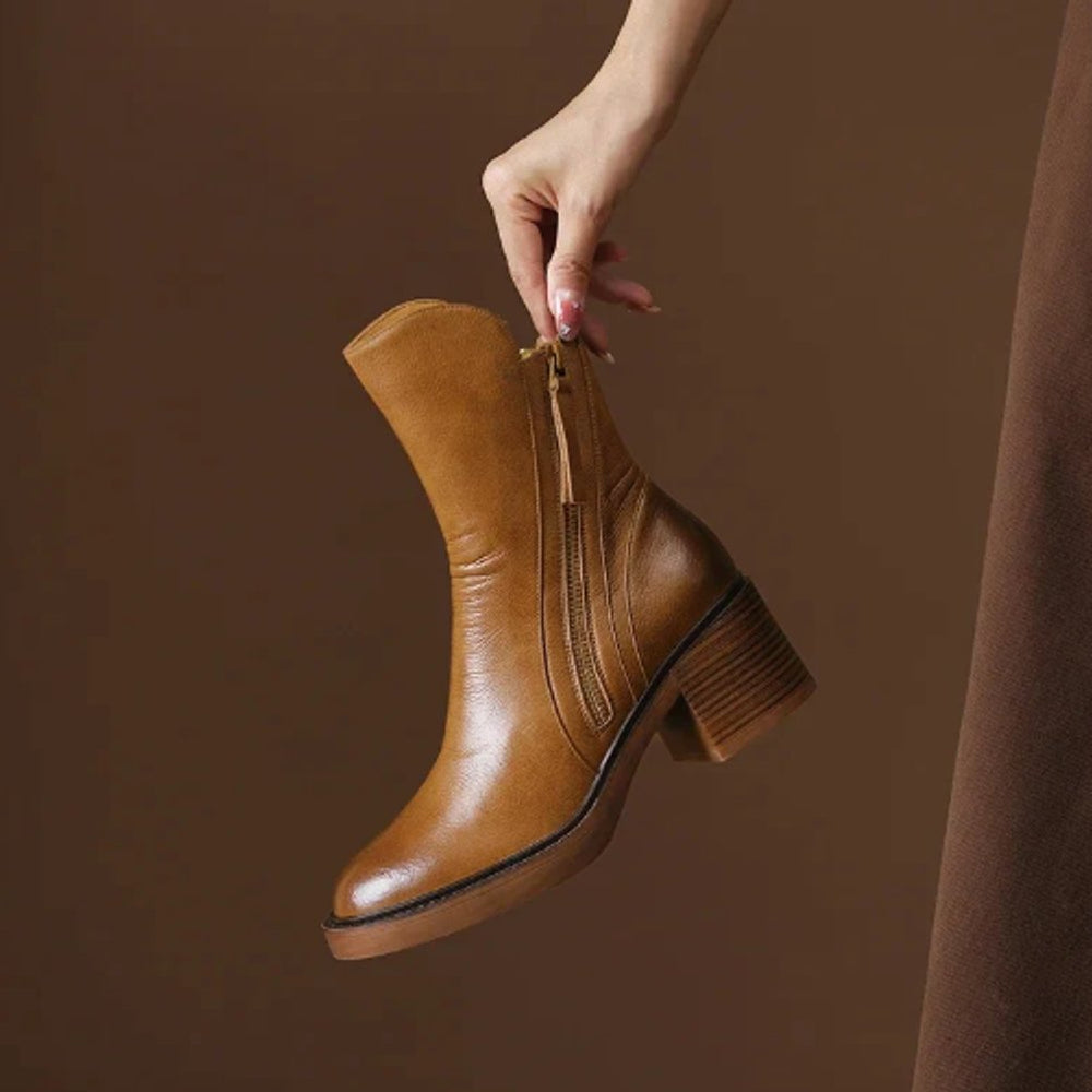 Damen Leder Ankle Boots mit Blockabsatz und Reißverschluss