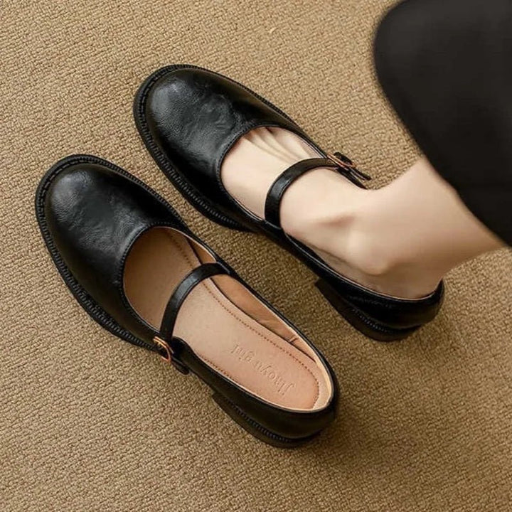 Damen Leder Mary-Jane-Ballerinas verstellbarer Riemenschnalle niedrigem Blockabsatz