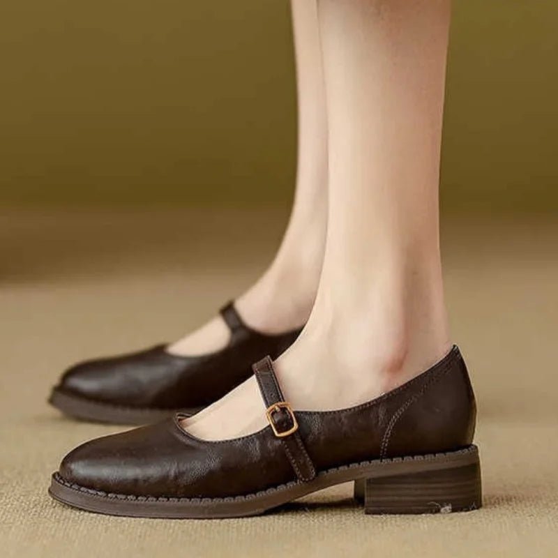 Damen Leder Mary-Jane-Ballerinas verstellbarer Riemenschnalle niedrigem Blockabsatz