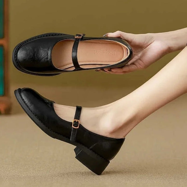 Damen Leder Mary-Jane-Ballerinas verstellbarer Riemenschnalle niedrigem Blockabsatz - Black