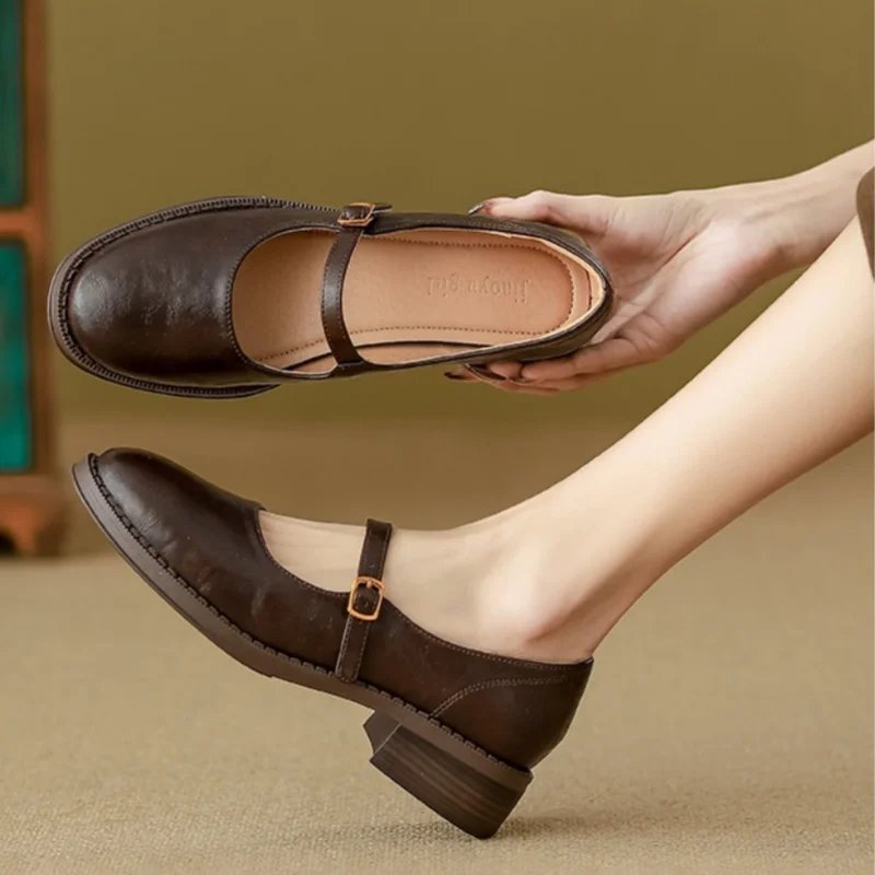 Damen Leder Mary-Jane-Ballerinas verstellbarer Riemenschnalle niedrigem Blockabsatz - Brown