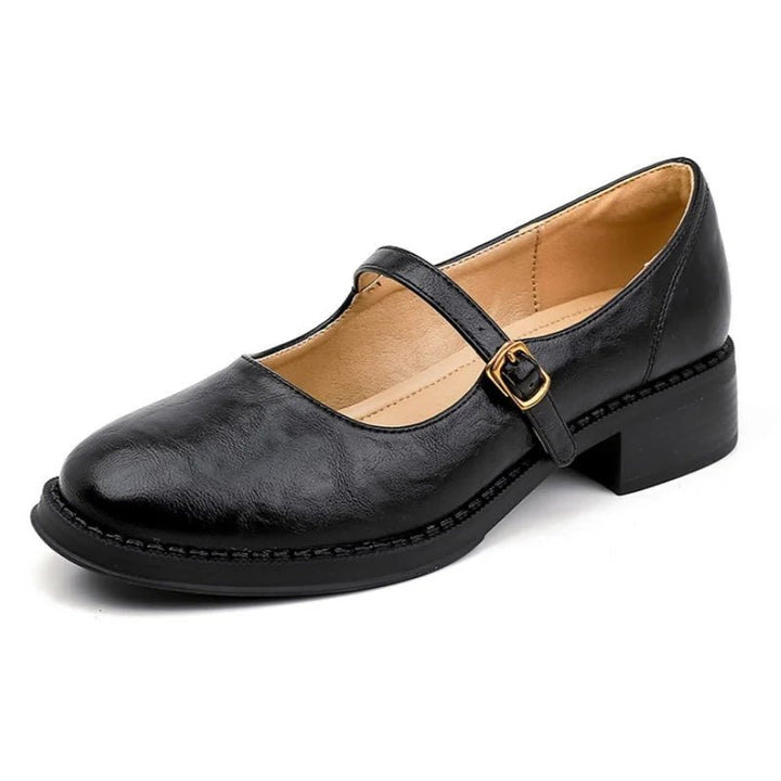 Damen Leder Mary-Jane-Ballerinas verstellbarer Riemenschnalle niedrigem Blockabsatz