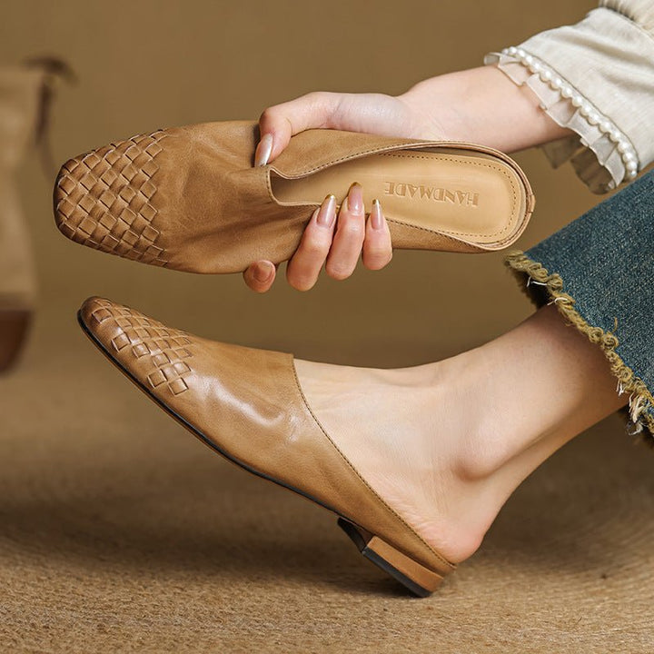 Damen Leder Mules Gewebte Quadratische Zehenpartie - Khaki