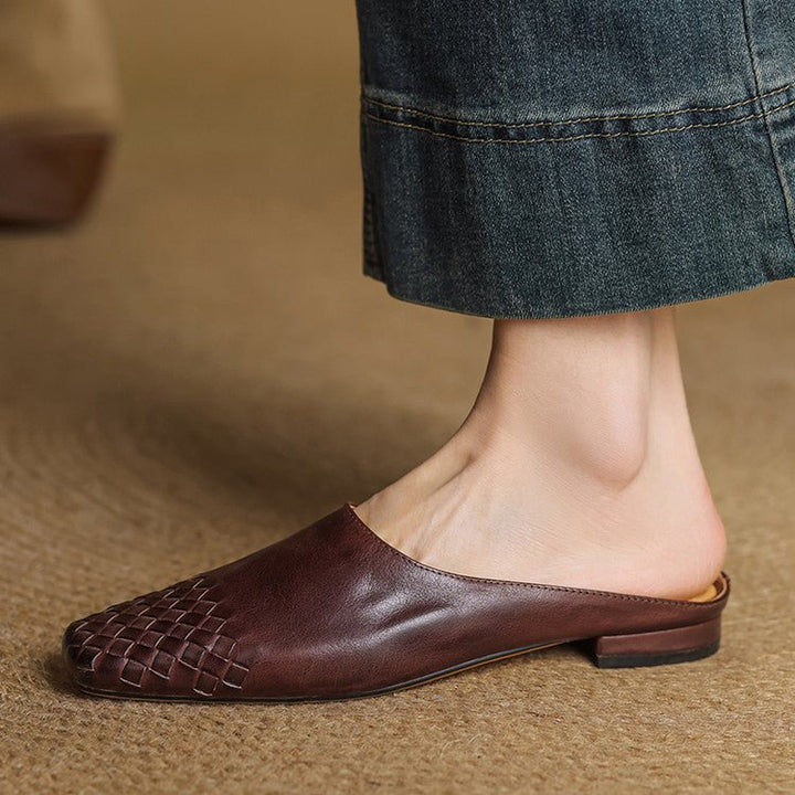 Damen Leder Mules Gewebte Quadratische Zehenpartie