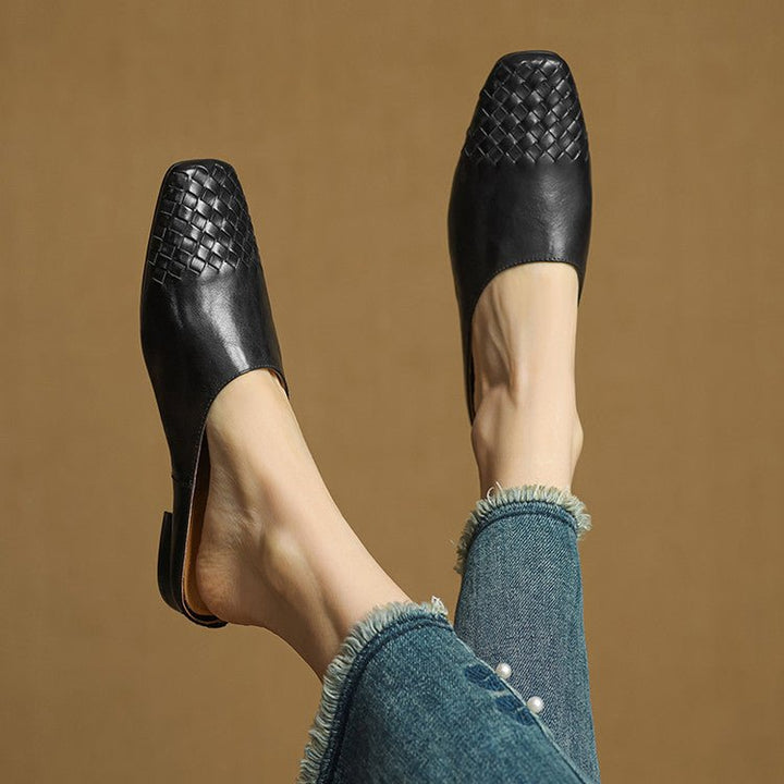 Damen Leder Mules Gewebte Quadratische Zehenpartie
