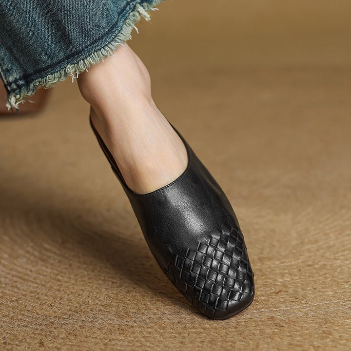 Damen Leder Mules Gewebte Quadratische Zehenpartie