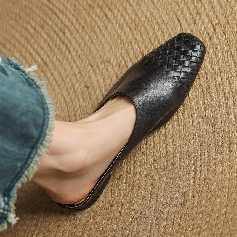 Damen Leder Mules Gewebte Quadratische Zehenpartie