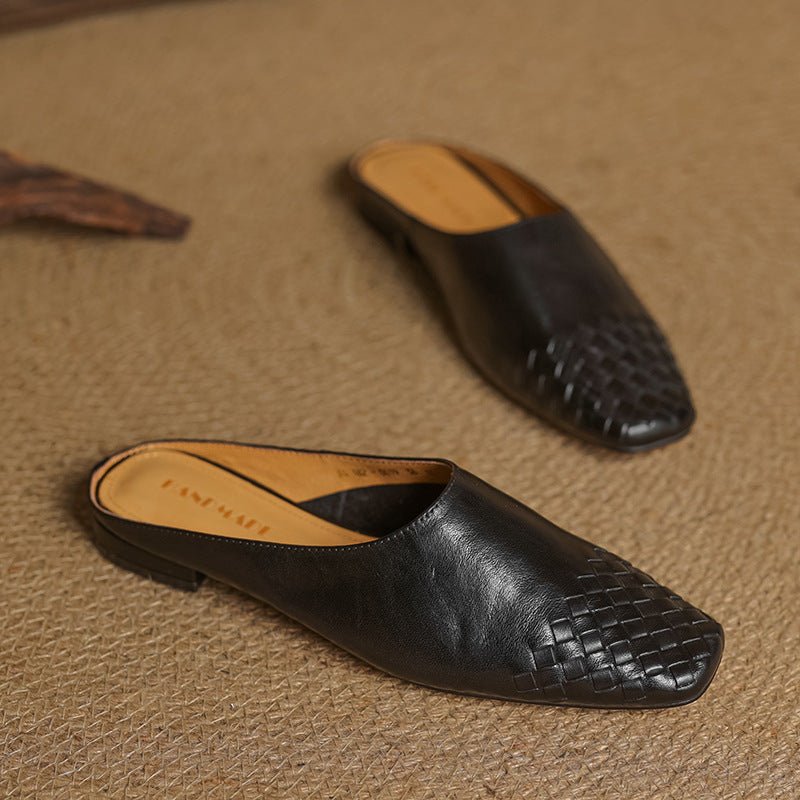 Damen Leder Mules Gewebte Quadratische Zehenpartie - Black