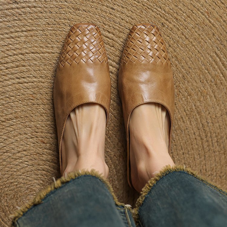 Damen Leder Mules Gewebte Quadratische Zehenpartie