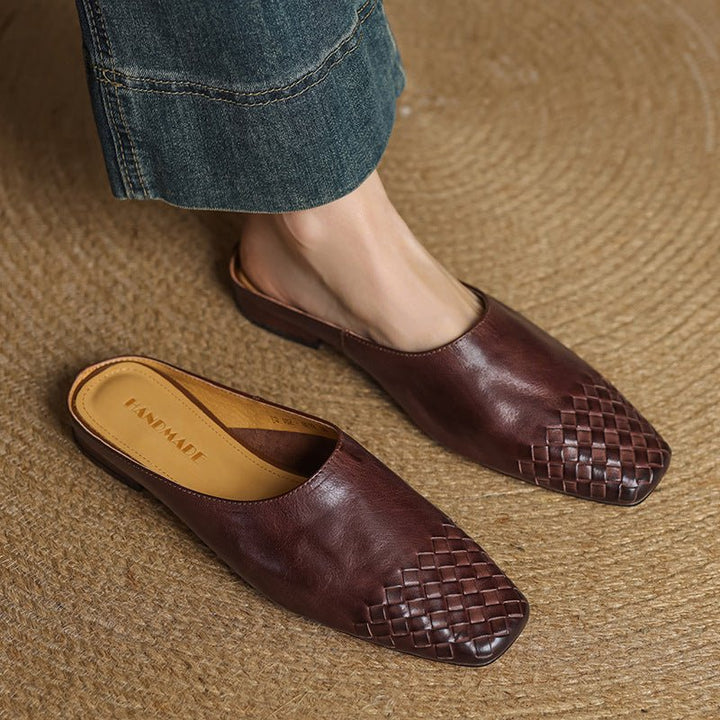 Damen Leder Mules Gewebte Quadratische Zehenpartie - Brown