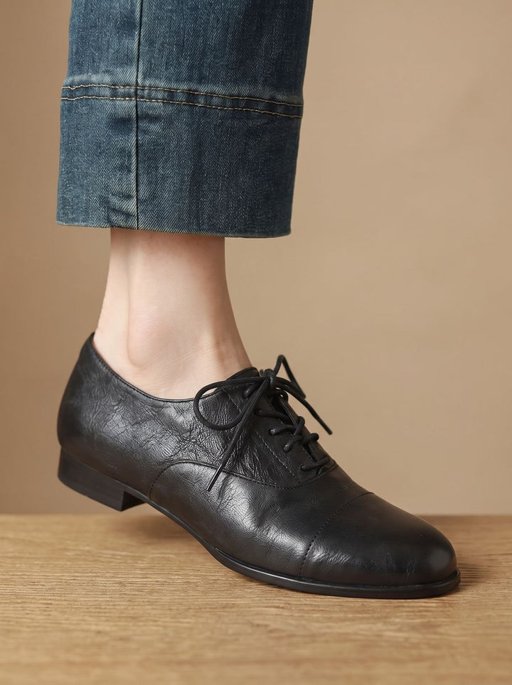 Damen Leder Oxford Schuhe mit Schnürung und Cap-Toe Flach