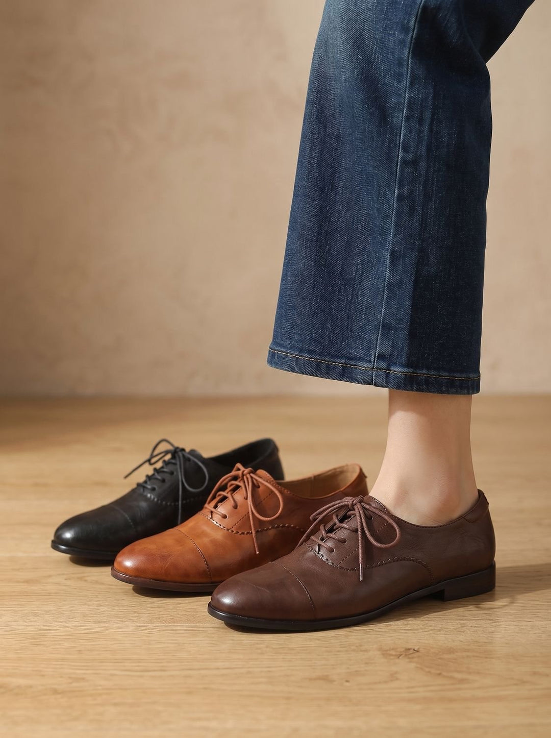 Damen Leder Oxford Schuhe mit Schnürung und Cap-Toe Flach