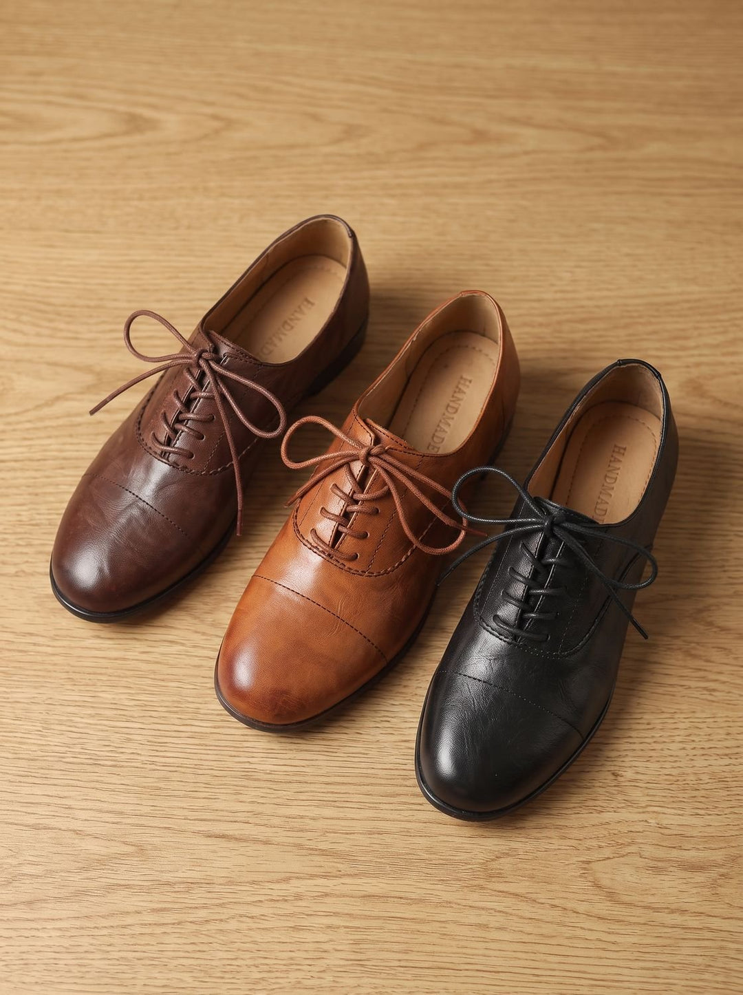 Damen Leder Oxford Schuhe mit Schnürung und Cap-Toe Flach - Braun