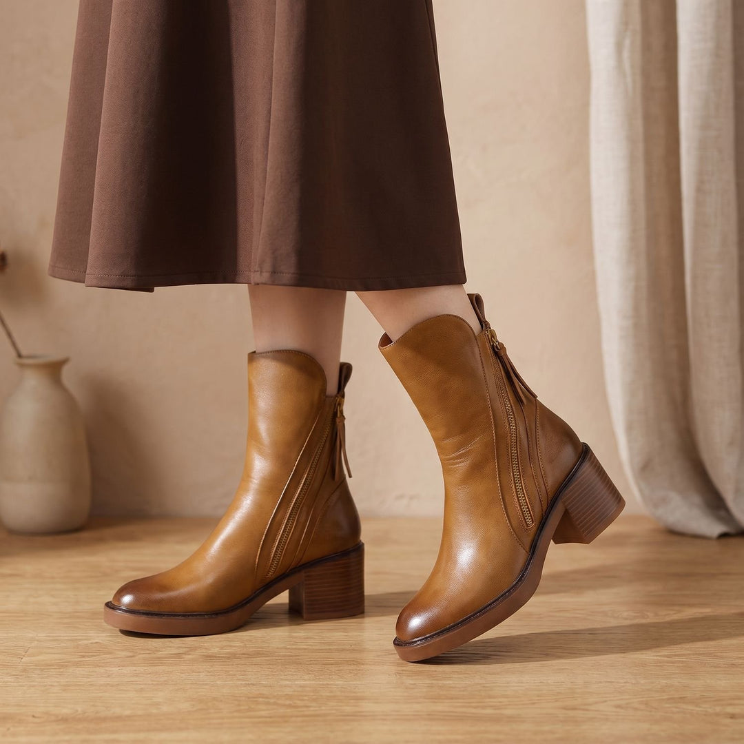 Damen Leder Stiefeletten mit Blockabsatz Reißverschluss - Braun