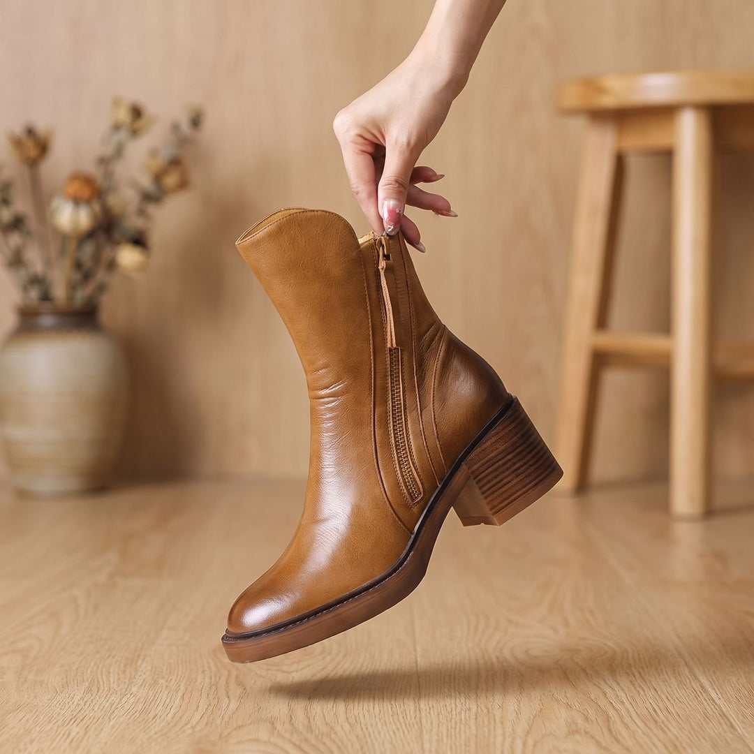 Damen Leder Stiefeletten mit Blockabsatz Reißverschluss