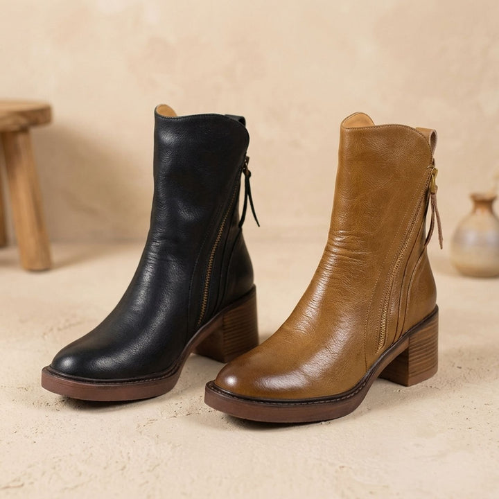 Damen Leder Stiefeletten mit Blockabsatz Reißverschluss