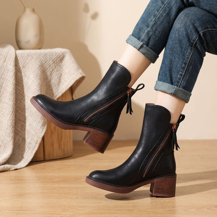 Damen Leder Stiefeletten mit Blockabsatz Reißverschluss - Schwarz