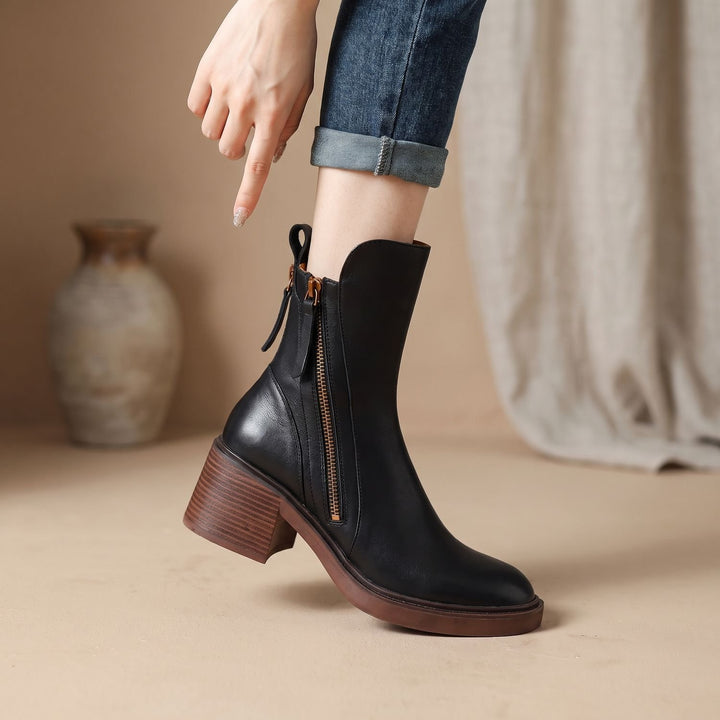 Damen Leder Stiefeletten mit Blockabsatz Reißverschluss