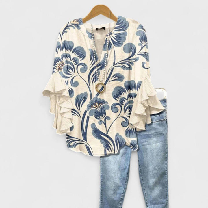 Damen Leichte Bluse Blumenprint V-Ausschnitt Rüschenärmel - White