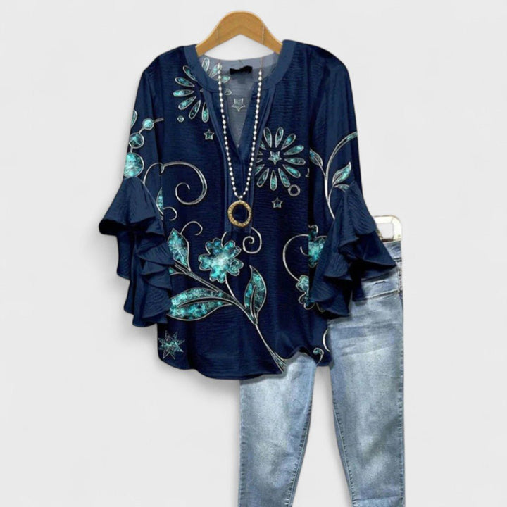 Damen Leichte Bluse Blumenprint V-Ausschnitt Rüschenärmel - Dark Blue