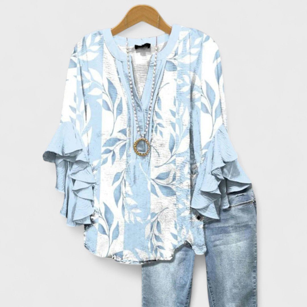 Damen Leichte Bluse Blumenprint V-Ausschnitt Rüschenärmel - Light Blue