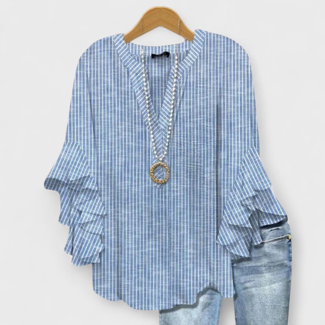 Damen Leichte Bluse Blumenprint V-Ausschnitt Rüschenärmel - Blue