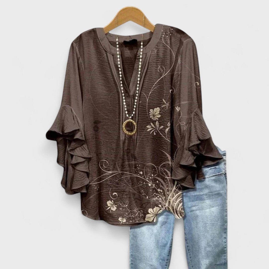 Damen Leichte Bluse Blumenprint V-Ausschnitt Rüschenärmel - Brown