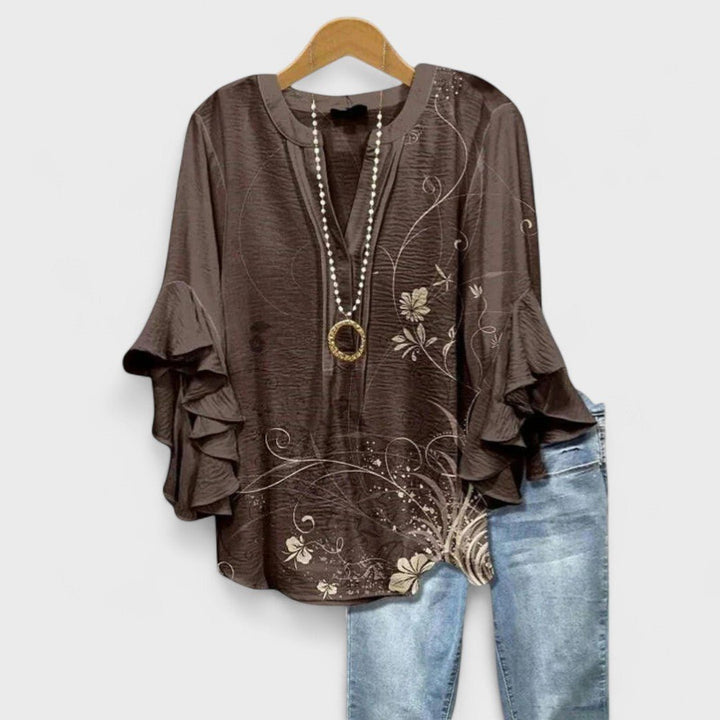 Damen Leichte Bluse Blumenprint V-Ausschnitt Rüschenärmel - Brown